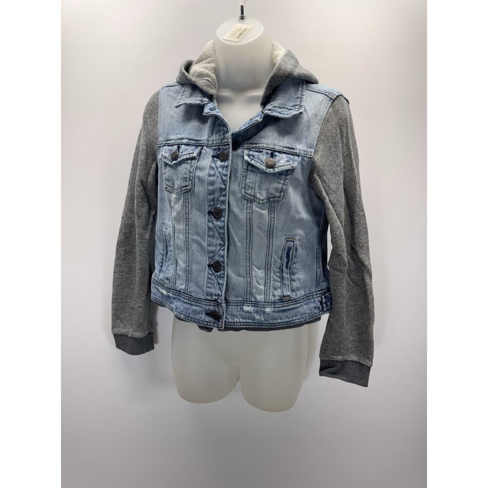 American Eagle Hooded Denim Jacket Size Juniors Medium Gray Fabric Sleeves